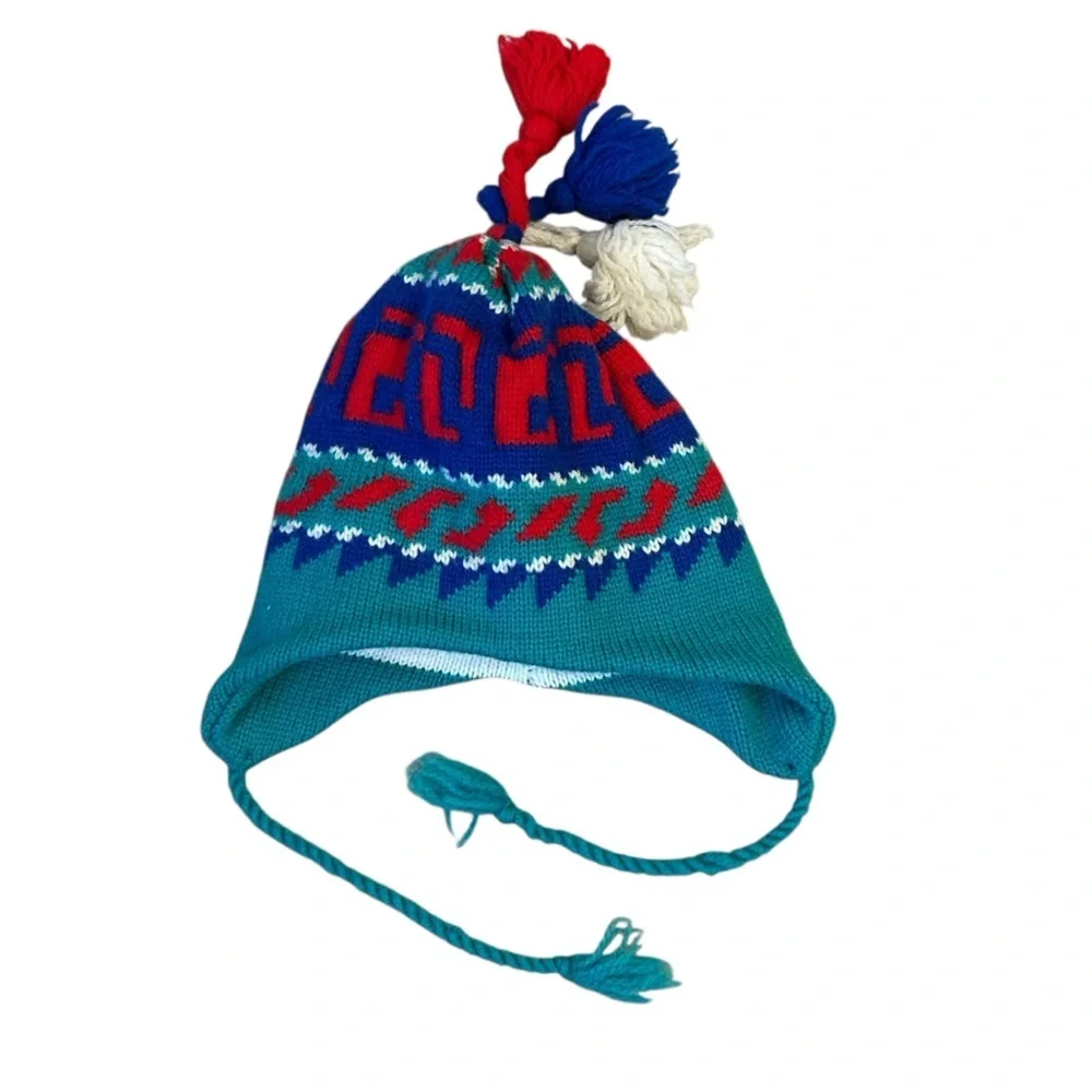 Toddler Kids Baby Igloo Red and Blue Knit Hat Wool
